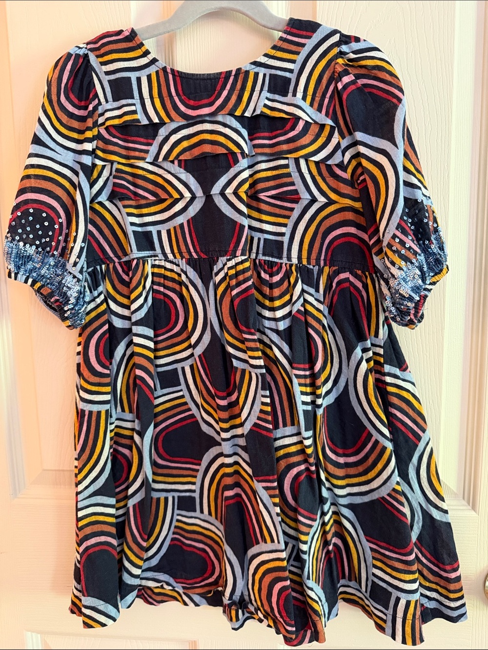 Pink Chicken Navy Rainbow Multicolor Retro Arc Puff-Sleeve Dress